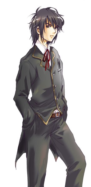 1boy, black_hair, coattails, formal, frown, hands_in_pockets, haruka_(tactics), messy_hair