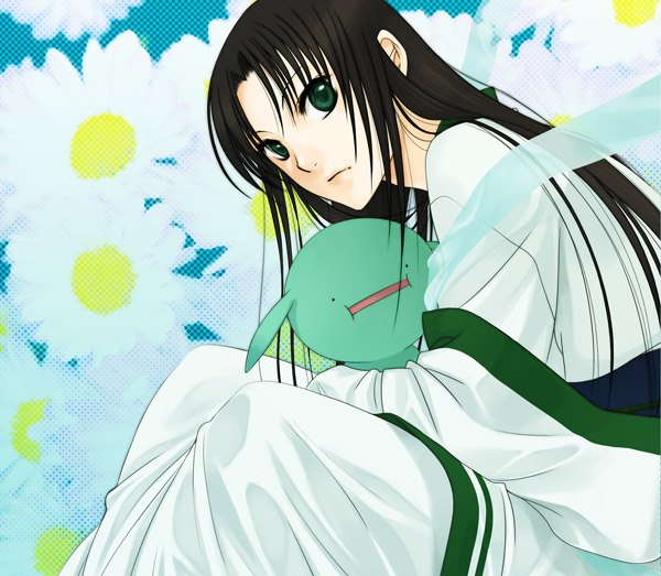 1boy, bangs, black_hair, closed_mouth, floral_background, green_eyes, head_tilt, hug