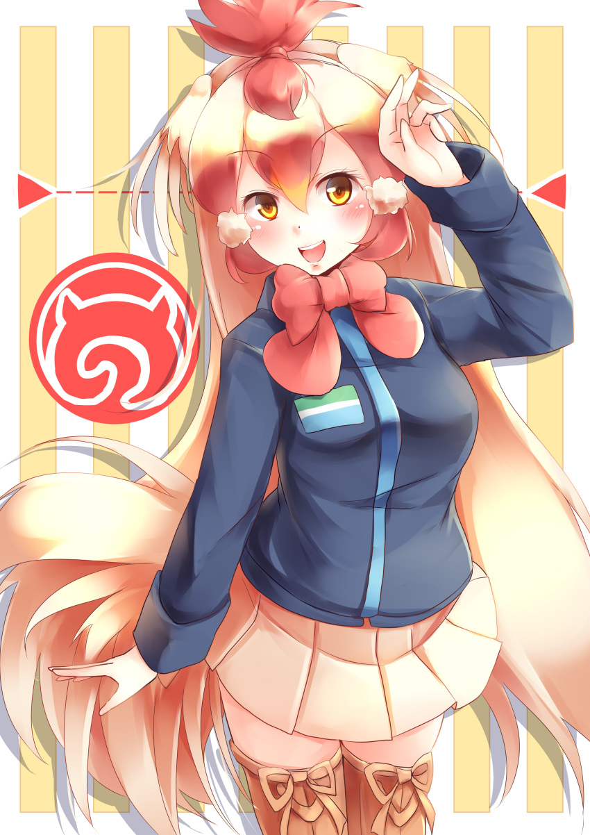 1girl, :d, absurdres, bird_tail, blonde_hair, blue_jacket, blush, bow