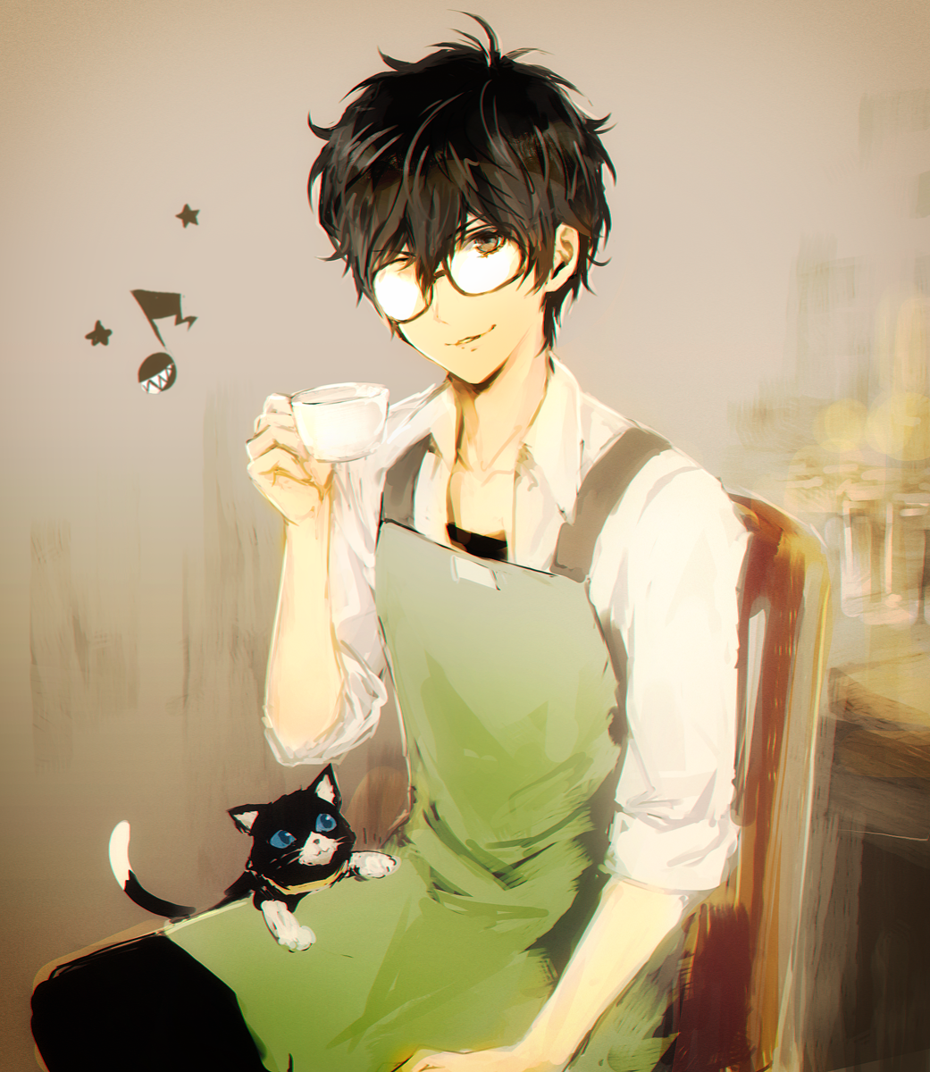 1boy, 1other, amamiya_ren, apron, atlus, black_hair, blue_eyes, brown_eyes