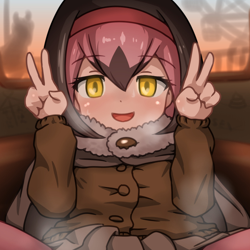 1girl, ai_ai_gasa, blush, brown_hair, buttons, dodo_(kemono_friends), double_v, evening