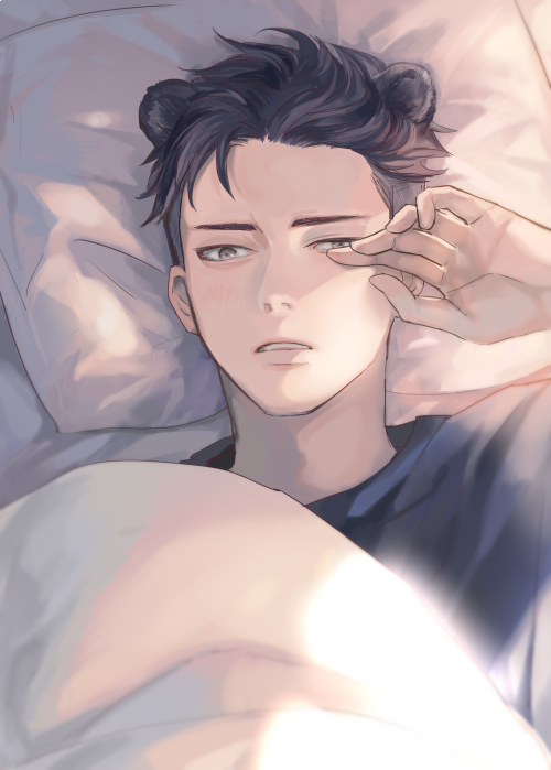 1boy, animal_ears, bear_ears, black_hair, brown_eyes, extra_ears, kemonomimi_mode, male_focus, glasses_(artist), otabek_altin, pillow, pov, under_covers, waking_up, yuri!!!_on_ice