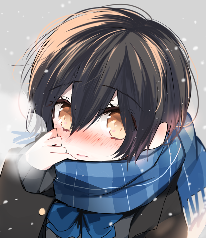 1girl, amesawa_mokke, arm_up, bangs, black_hair, black_jacket, blue_neckwear, blue_scarf