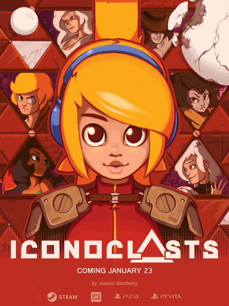 artist_name, bangs, black_hair, blonde_hair, breasts, brown_eyes, character_request, cleavage, cowboy_hat, dark_skin, ear_protection, elro_(the_iconoclasts), eyepatch, half_updo, hat, headphones, joakim_sandberg, lips, long_hair, mina_(the_iconoclasts), moon, multiple_boys, multiple_girls, official_art, one-eyed, pauldrons, poster, promotional_art, red_eyes, robin_(the_iconoclasts), royal_(the_iconoclasts), solo_focus, swept_bangs, the_iconoclasts, turtleneck, white_hair, zipper