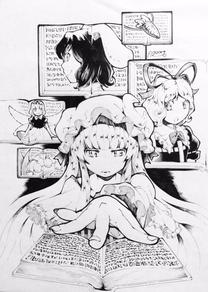 3girls, :o, animal_ears, aozora_taf, artist_name, bangs, blunt_bangs, book, bow, bowtie, capelet, carrot, closed_mouth, commentary_request, crescent, crescent_moon_pin, dress, expressionless, fingernails, greyscale, hair_ribbon, hat, highres, inaba_tewi, medicine_melancholy, mob_cap, monochrome, multiple_girls, patchouli_knowledge, profile, puffy_short_sleeves, puffy_sleeves, rabbit_ears, ribbon, short_sleeves, simple_background, smile, striped, su-san, touhou, traditional_media