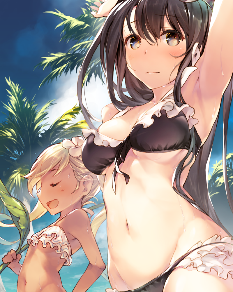 2girls, arm_up, armpits, bikini, black_bikini, black_eyes, black_hair, blonde_hair
