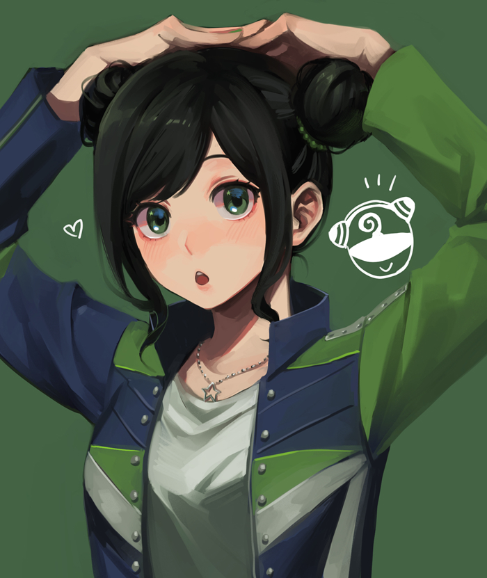 1girl, black_hair, chameleon_green, double_bun, green_background, green_eyes, hair_bun, hair_ornament, hammie_(uchuu_sentai_kyuuranger), heart, jacket, jewelry, necklace, rin2010, star_necklace, super_sentai, uchuu_sentai_kyuuranger