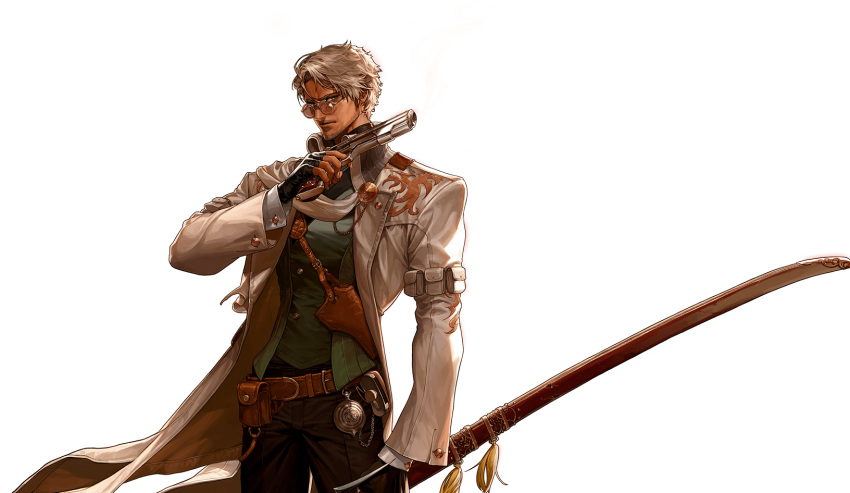artist_request, black_pants, coat, dark_skin, dungeon_and_fighter, facial_hair, fingerless_gloves, glasses, gloves, gun, gunblader_(dungeon_and_fighter), handgun, highres, holster, katana, official_art, open_clothes, open_coat, pants, pistol, pocket_watch, stubble, sword, trench_coat, vest, watch, weapon, white_hair