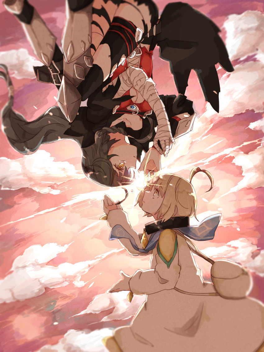 1boy, 1girl, ahoge, bandage, bandaged_arm, black_hair, blonde_hair, choker, gloves, highres, laphicet_(tales), long_hair, short_hair, tales_of_(series), tales_of_berseria, tears, thigh-highs, torn_clothes, torn_thighhighs, velvet_crowe, yellow_eyes, youme_xz