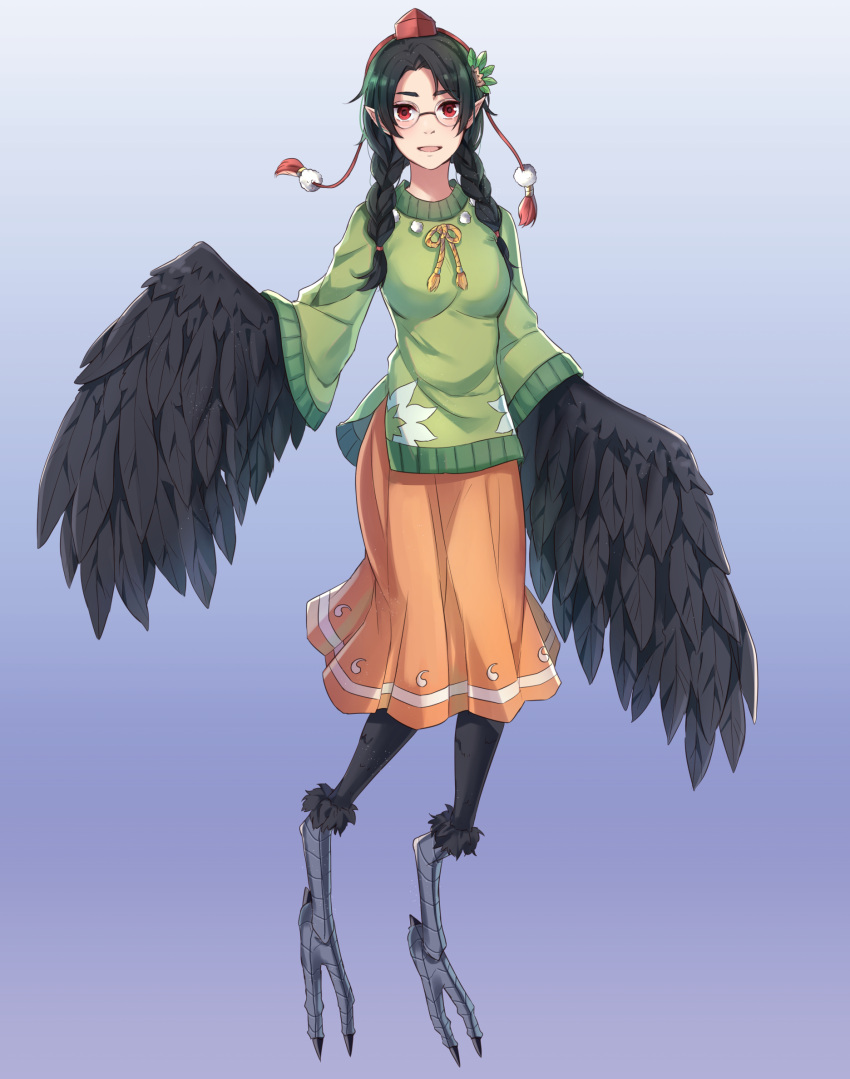 1girl, :d, annabel-m, black_hair, blue_background, blush, braid, claws, commission, crow_tengu, feathered_wings, feathers, full_body, gradient, gradient_background, green_sweater, hair_ornament, hairband, harpy, hat, highres, long_hair, long_sleeves, looking_at_viewer, monster_girl, monster_girl_encyclopedia, open_mouth, orange_skirt, pleated_skirt, pointy_ears, red_eyes, skirt, smile, solo, tassel, tokin_hat, twin_braids, wings