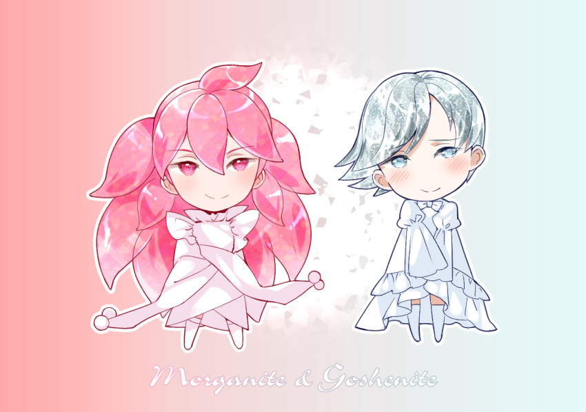 androgynous, blush, character_name, goshenite_(houseki_no_kuni), hmniao, houseki_no_kuni, long_hair, morganite_(houseki_no_kuni)