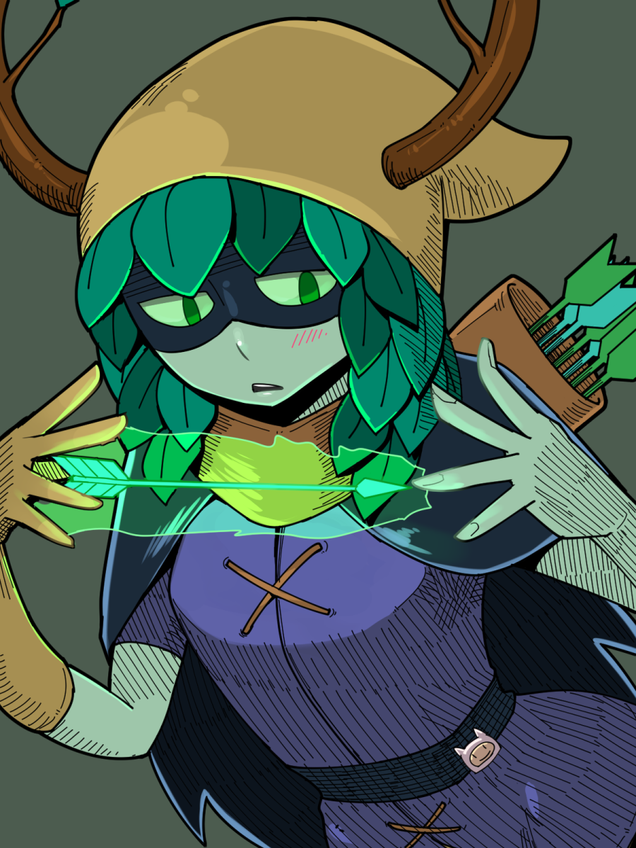 1girl, adventure_time, antlers, arrow, blush, breasts, green_hair, green_skin