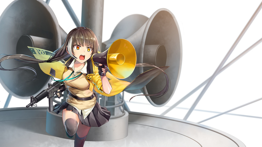 1girl, bangs, black_gloves, black_hair, black_legwear, black_skirt, collared_shirt, eyebrows_visible_through_hair