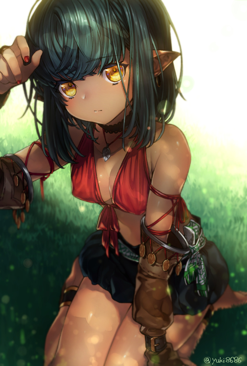 1girl, anklet, bare_shoulders, barefoot, belt, blush, breasts, choker