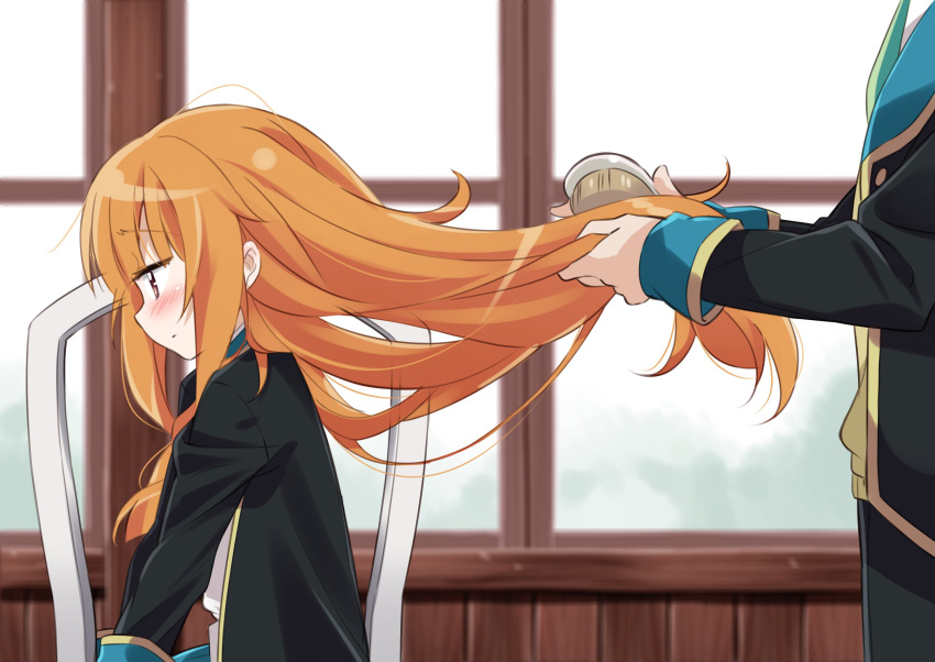 1boy, 1girl, amatsuka_mao, blush, brown_eyes, brush, chair, day