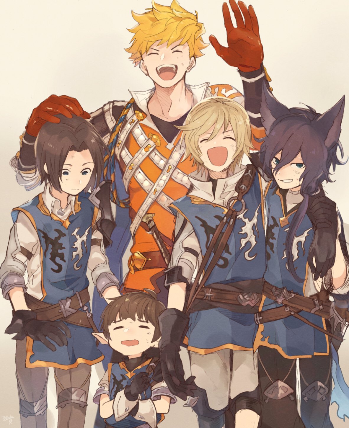 5boys, animal_ears, arm_around_shoulder, arthur_(granblue_fantasy), black_hair, blonde_hair, brown_gloves, brown_hair