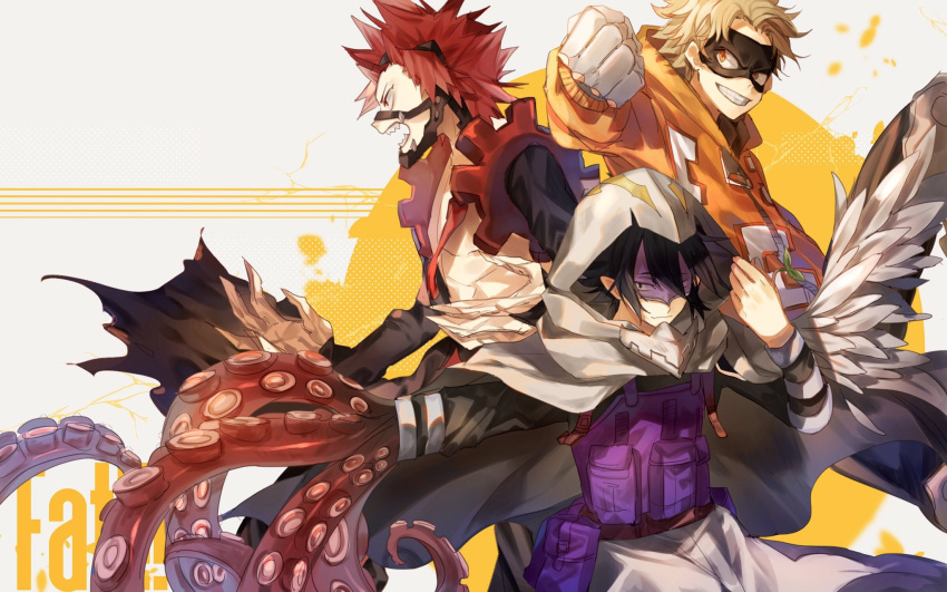 3boys, amajiki_tamaki, bare_chest, black_hair, blonde_hair, boku_no_hero_academia, claws, domino_mask