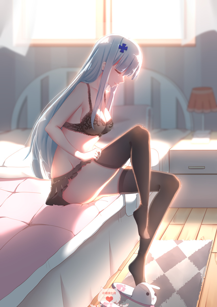 1girl, absurdres, animal_slippers, armpit_peek, artist_request, ass, bangs, bare_arms, bed_sheet, black_bra, black_legwear, black_panties, black_skirt, bloom, blush, bra, breasts, cleavage, drawer, floorboards, focused, girls_frontline, hair_ornament, hairclip, highres, hk416_(girls_frontline), lace, lace-trimmed_bra, lace-trimmed_panties, lamp, lampshade, leaning_forward, lingerie, long_hair, mat, medium_breasts, mediumbreasts, miniskirt, on_bed, one_leg_raised, overexposure, panties, pantyhose, pantyhose_pull, pillow, pleated_skirt, silver_hair, sitting, sitting_on_bed, skirt, slippers, smile, solo, sunlight, thigh-highs, thighs, underwear