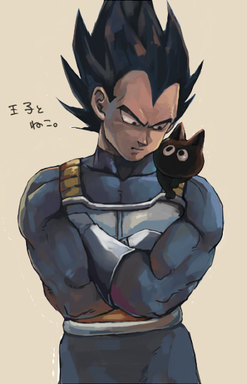 1boy, animal, armor, black_eyes, black_hair, cat, crossed_arms, dragon_ball, dragonball_z, frown, grey_background, looking_at_another, male_focus, mkmksan, serious, simple_background, spiky_hair, tama_(dragon_ball), translation_request, vegeta