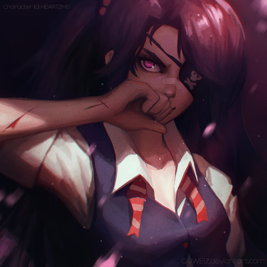 1girl, bandaid, bandaid_on_nose, collared_shirt, commission, delinquent, deviantart_username, eyepatch