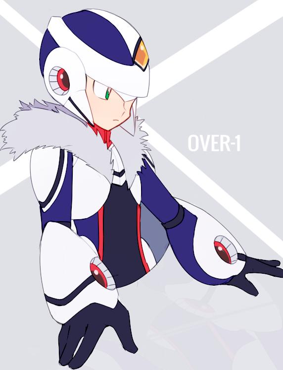 1boy, android, character_name, cropped_torso, expressionless, fur_collar, green_eyes, grey_background