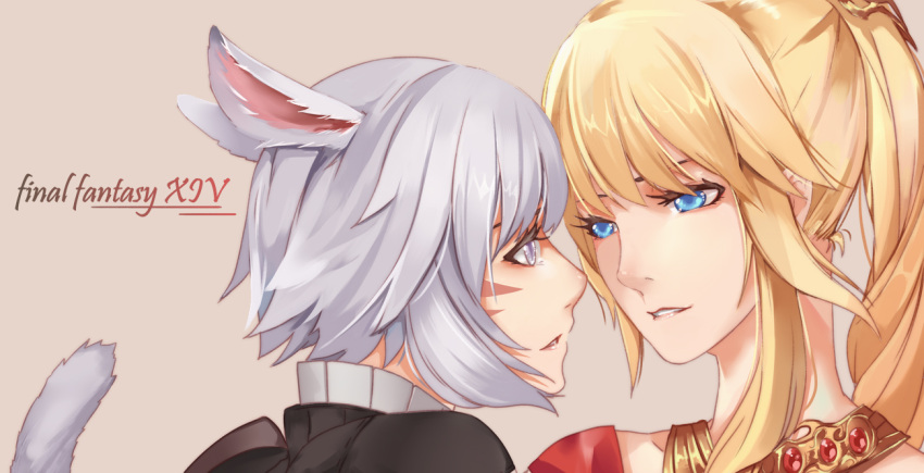 2girls, blonde_hair, final_fantasy, final_fantasy_xiv, iceky, lyse_(ffxiv), miqo'te, multiple_girls