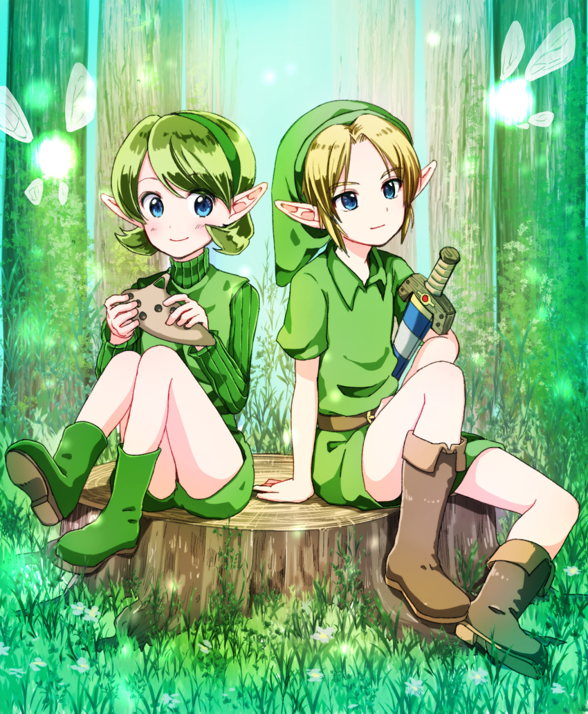 1boy, 1girl, belt, blonde_hair, blue_eyes, brown_footwear, fairy, forest