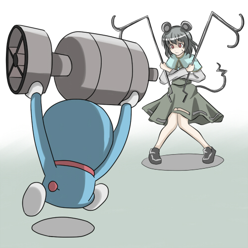ao_usagi, bomb, crossover, doraemon, doraemon_(character), fat_man_(bomb), lowres, nazrin, nuke, tail, touhou