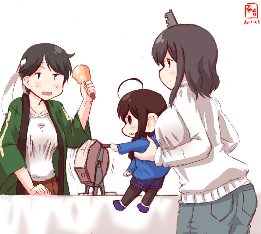 1girl, :3, alternate_costume, belt, black_hair, blue_shirt, dated, denim