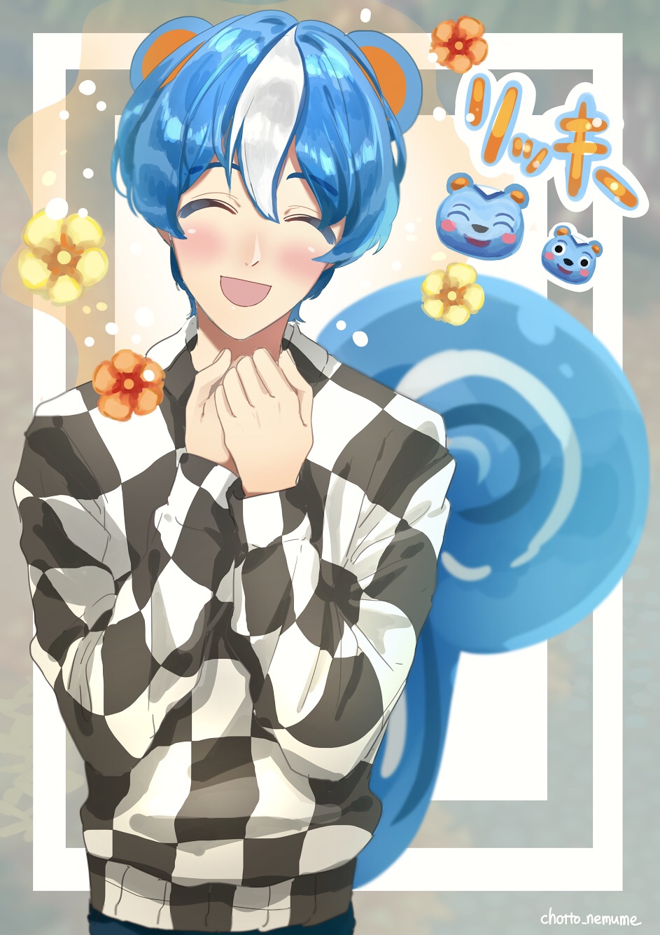 1boy, animal_ears, artist_name, blue_hair, blush, chotto_nemune, doubutsu_no_mori, filbert_(doubutsu_no_mori), flower, highres, male_focus, open_mouth, personification, solo, squirrel_ears, squirrel_tail, tail, teeth, upper_body, white_hair