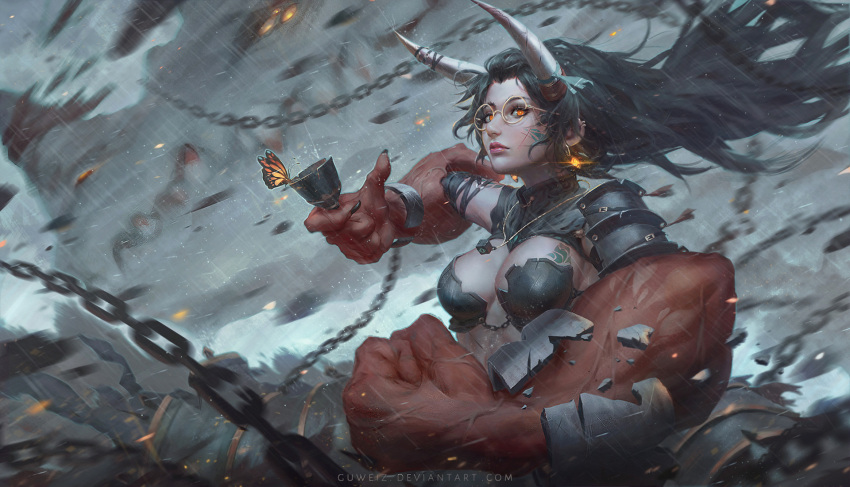 1girl, animal, armor, artist_name, black_hair, blue_ribbon, blurry, breasts