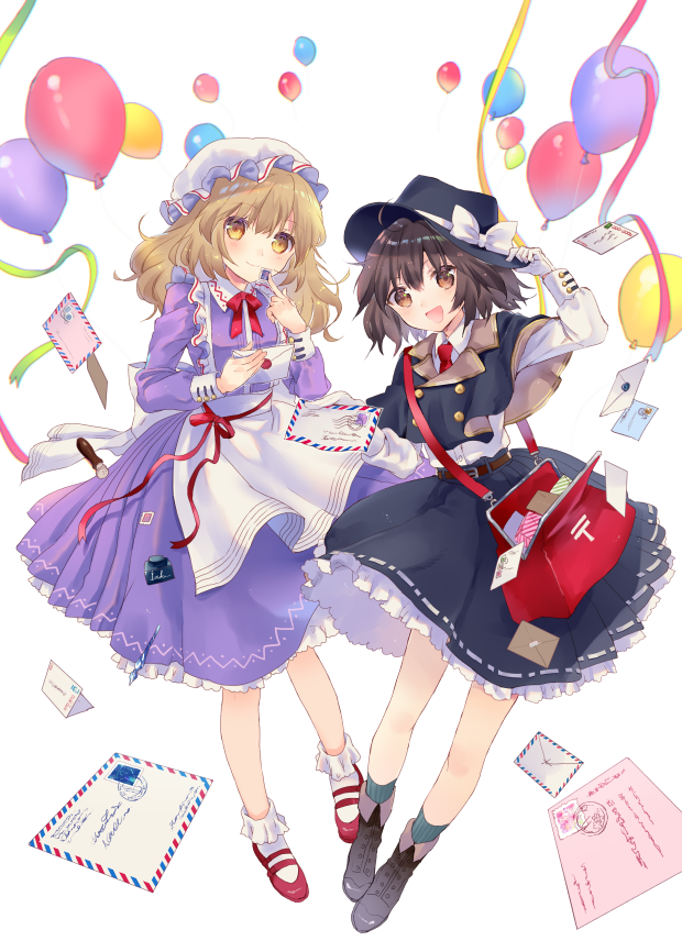 2girls, apron, bag, balloon, belt, black_footwear, black_hat, blonde_hair