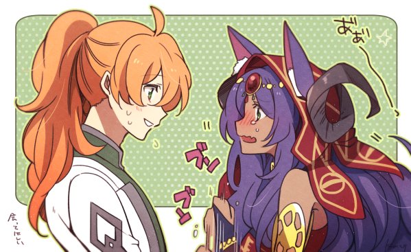 1boy, 1girl, animal_ears, blush, choco_taberusan, dark_skin, fate/grand_order, fate_(series), green_background, green_outline, hood, horns, long_hair, orange_hair, outline, outside_border, polka_dot, polka_dot_background, purple_hair, queen_of_sheba_(fate/grand_order), romani_akiman, simple_background, tears, upper_body, wavy_mouth
