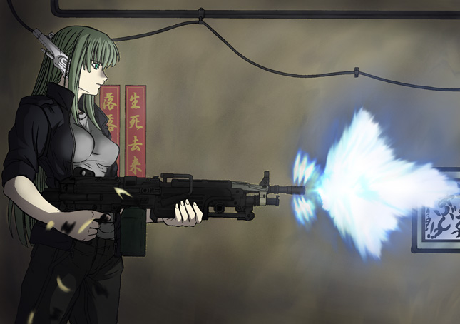 box_magazine, casual, firing, fn_minimi, ghost_in_the_shell, green_eyes, green_hair, gun