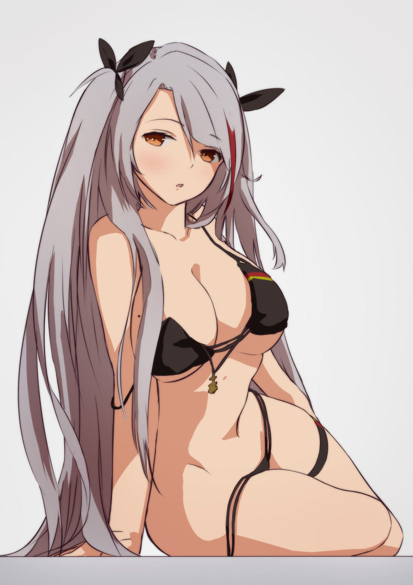 1girl, azur_lane, bare_shoulders, bikini, black_bikini, blush, breasts, brown_eyes