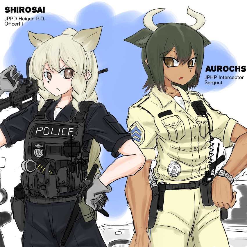 2girls, animal_ears, aurochs_(kemono_friends), blonde_hair, cuffs, gun, handcuffs, hat