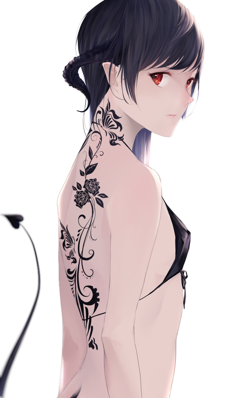 1girl, absurdres, ayubee, back_tattoo, black_hair, breasts, demon_tail, from_side, highres, horns, looking_at_viewer, original, pointy_ears, red_eyes, simple_background, small_breasts, solo, tail, tattoo, white_background