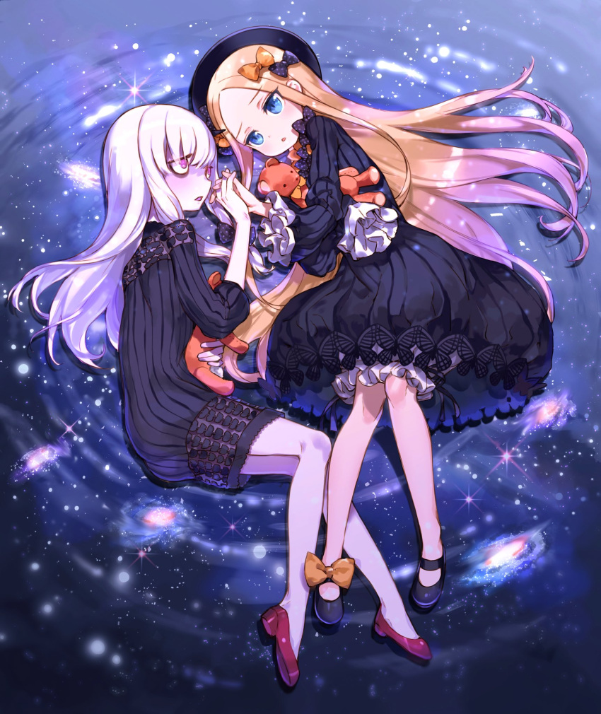 2girls, abigail_williams_(fate/grand_order), bags_under_eyes, bangs, black_bow, black_dress, black_hat, blonde_hair, bloomers, blue_eyes, blush, bow, dress, fate/grand_order, fate_(series), hair_bow, hat, highres, horn, lavinia_whateley_(fate/grand_order), long_hair, long_sleeves, multiple_girls, nekoremon, orange_bow, parted_bangs, polka_dot, polka_dot_bow, stuffed_animal, stuffed_toy, teddy_bear, underwear, white_bloomers, white_hair