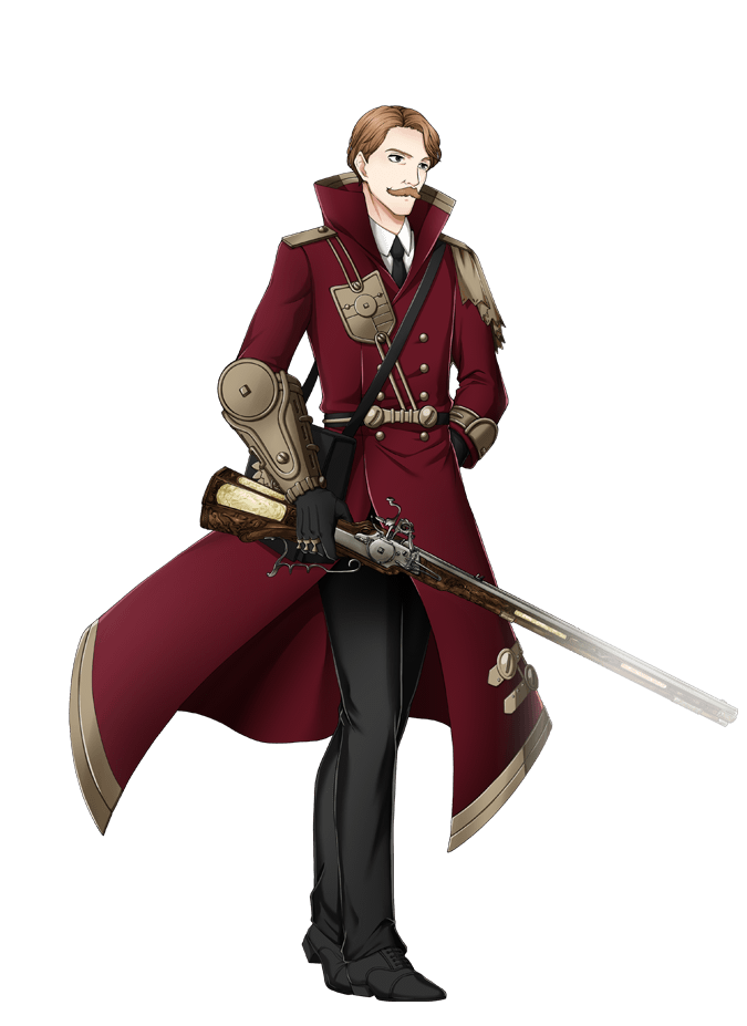 1boy, antique_firearm, black_gloves, brown_eyes, brown_hair, facial_hair, firearm, full_body