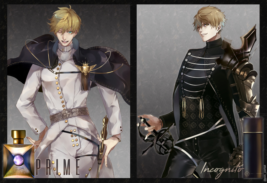 2boys, alternate_costume, artoria_pendragon_(all), blonde_hair, blue_eyes, cologne, contrapposto, dark_persona