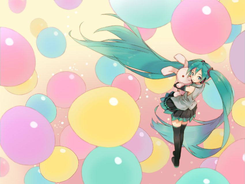 aqua_eyes, black_legwear, blue_hair, hatsune_miku, highres, komagarita, long_hair, looking_back