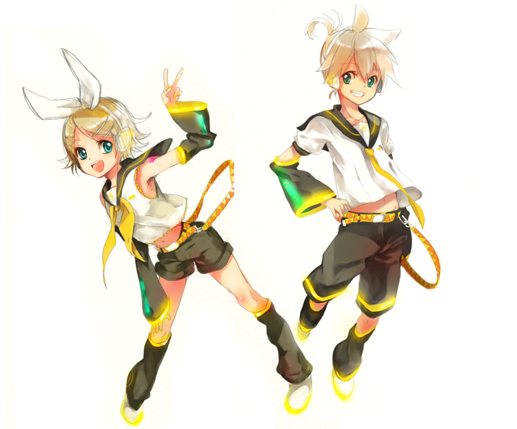 armpits, bare_shoulders, belt, blonde_hair, caterpillar_(artist), detached_sleeves, flat_chest, grin, hair_ornament, hair_ribbon, hairclip, headphones, kagamine_len, kagamine_rin, midriff, necktie, ribbon, sailor_collar, school_uniform, shiratama_shima, short_hair, shorts, siblings, smile, twins, v, vocaloid