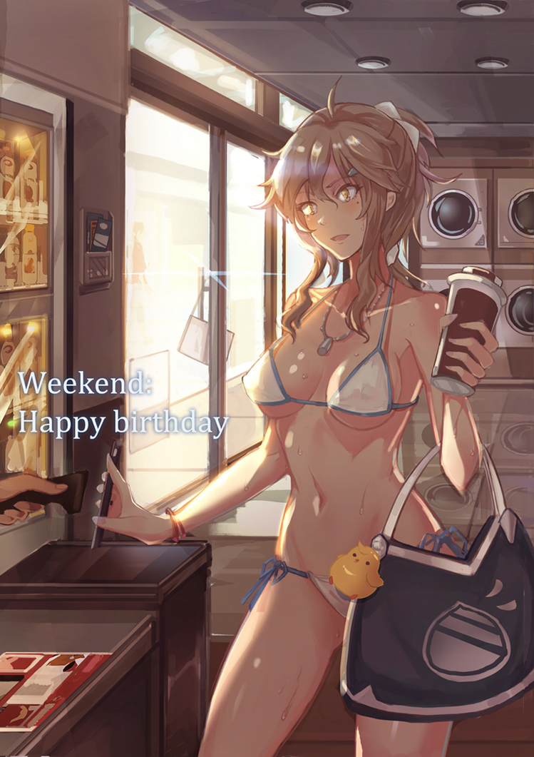 1girl, :d, ahoge, bag, bag_charm, bare_arms, bare_shoulders, bikini, blue_ribbon, bracelet, breasts, breasts_apart, brown_hair, ceiling_light, cellphone, charm_(object), collarbone, contrapposto, counter, cowboy_shot, cup, day, door, hair_ornament, hair_ribbon, hairclip, happy_birthday, holding, holding_cup, holding_phone, indoors, jewelry, long_hair, mai_(xskdizzy), medium_breasts, mole, mole_under_eye, navel, necklace, open_mouth, paper_cup, phone, ponytail, reflective_floor, ribbon, shopping, side-tie_bikini, sidelocks, sign, smartphone, smile, solo_focus, standing, stomach, sunlight, sweat, swimsuit, under_boob, vending_machine, washing_machine, white_bikini, white_ribbon, yellow_eyes