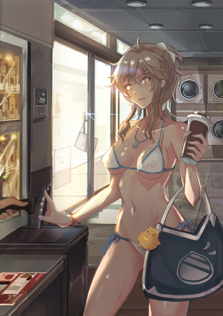 1girl, :d, ahoge, bag, bag_charm, bare_arms, bare_shoulders, bikini