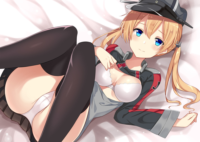 1girl, bed_sheet, black_legwear, black_skirt, blonde_hair, blue_eyes, bra, breasts