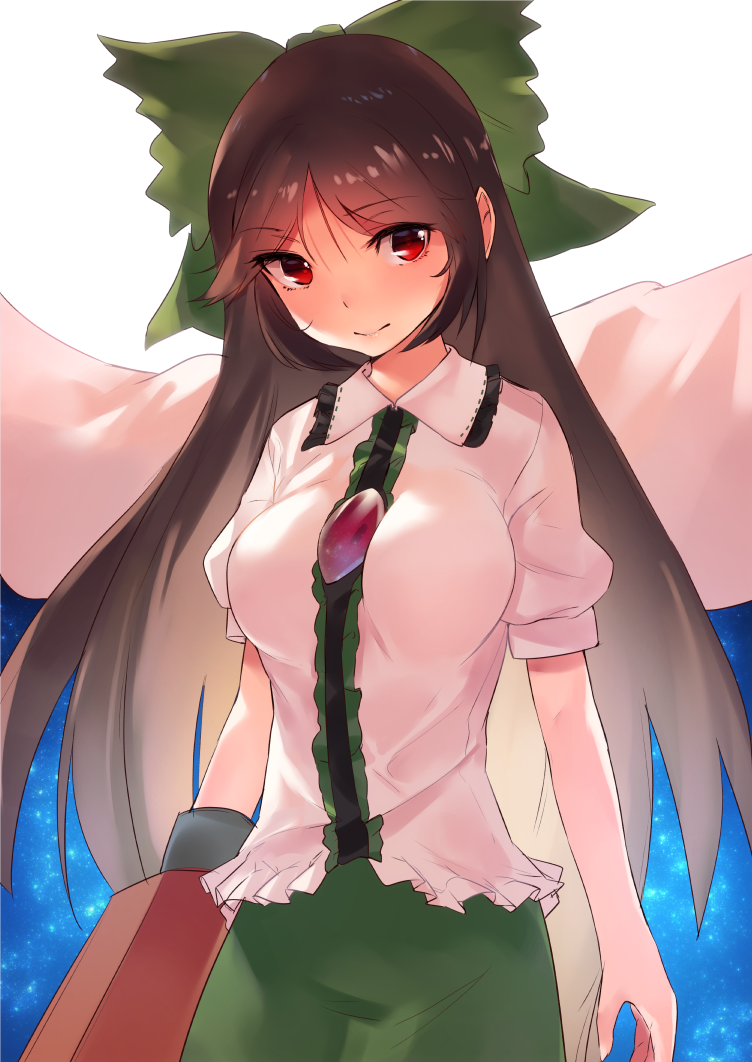 1girl, arm_cannon, asuzemu, black_hair, bow, breasts, commentary_request, cowboy_shot