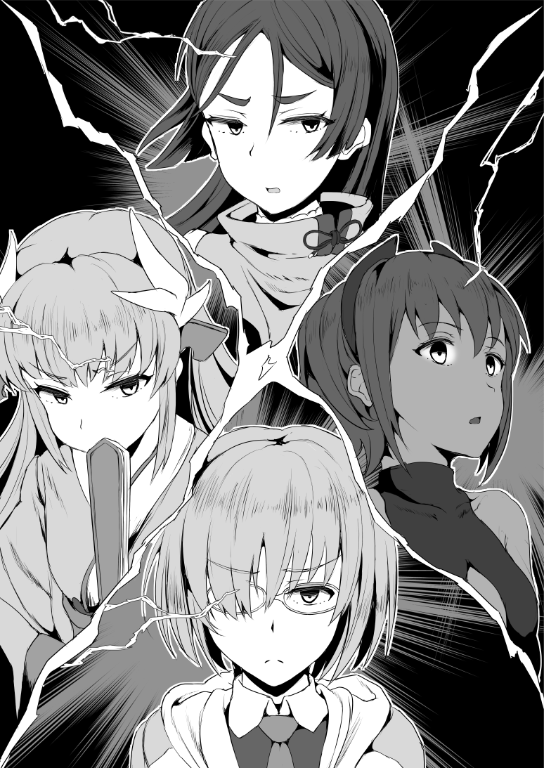 4girls, assassin_(fate/prototype_fragments), bangs, bare_shoulders, black_dress, black_hairband, center_opening, dark_skin
