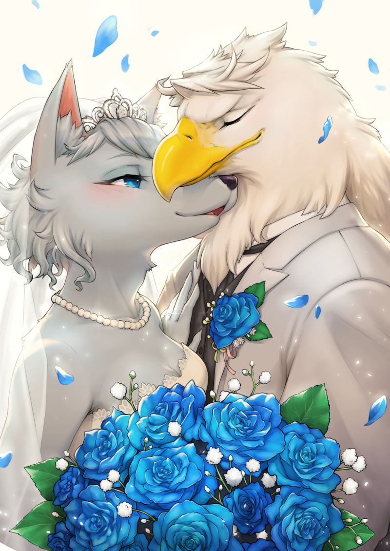 1boy, 1girl, animal, apollo_(doubutsu_no_mori), beak, bird, blue_rose, blush, breasts, bridal_veil, cleavage, commentary_request, couple, crown, doubutsu_no_mori, dress, eagle, flower, fur, furry, half-closed_eyes, happy, interspecies, jewelry, kemonomichi_(blue_black), necklace, necktie, no_humans, open_mouth, pearl_necklace, petals, rose, simple_background, smile, tuxedo, veil, wedding, wedding_dress, white_background, wolf