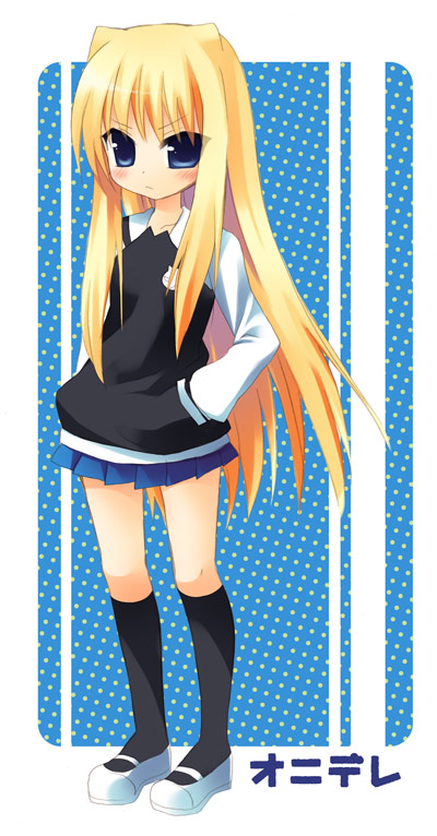 blonde_hair, blue_eyes, blush, hands_in_pockets, ikushima_saya, long_hair, onidere, sazaki_ichiri