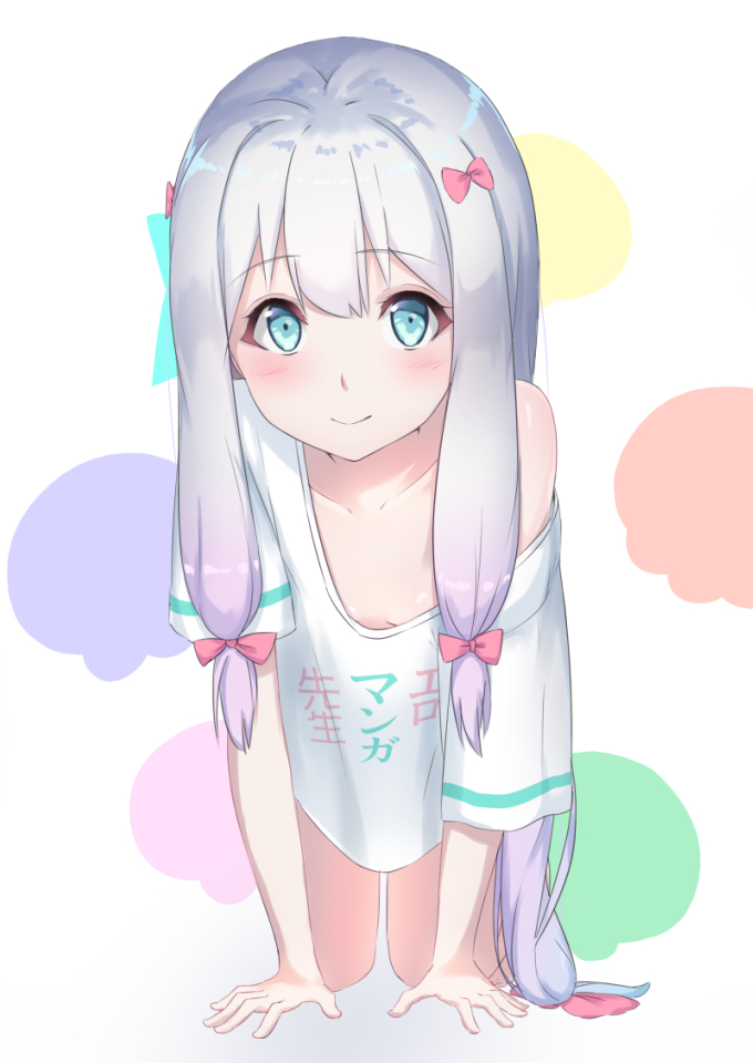 1girl, all_fours, aqua_eyes, arm_support, bangs, bare_legs, barefoot, bow